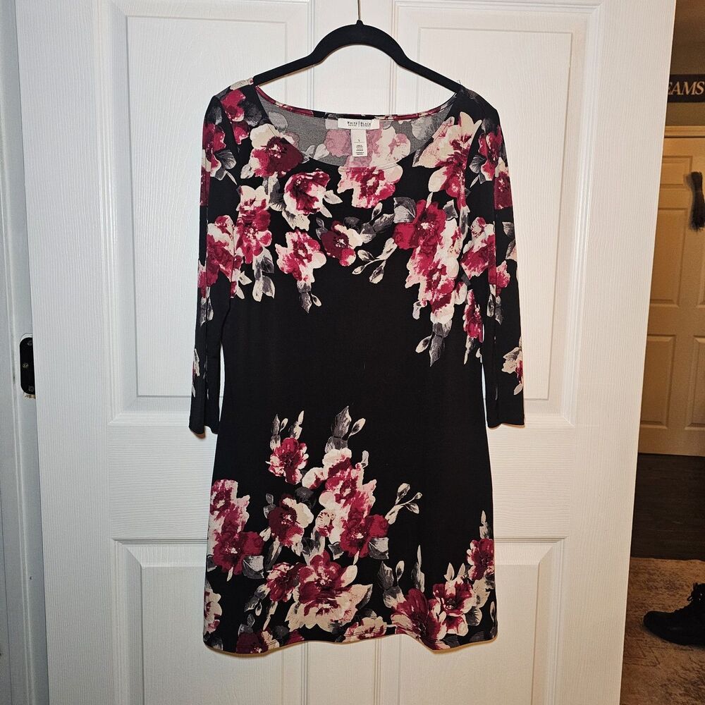White House Black Market 3/4 Sleeve Shift Mini Dress Black Floral Size Small